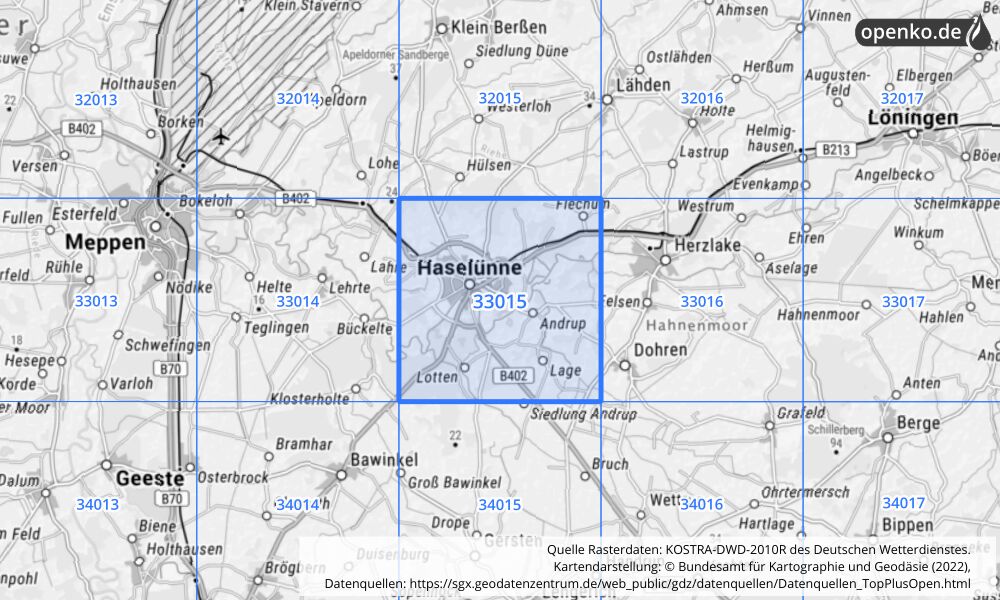 Übersichtskarte KOSTRA-DWD-2010R Rasterfeld Nr. 33015 mit angrenzenden Feldern