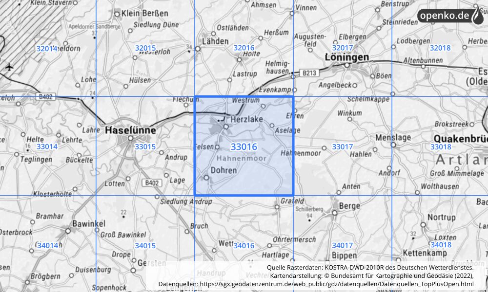 Übersichtskarte KOSTRA-DWD-2010R Rasterfeld Nr. 33016 mit angrenzenden Feldern