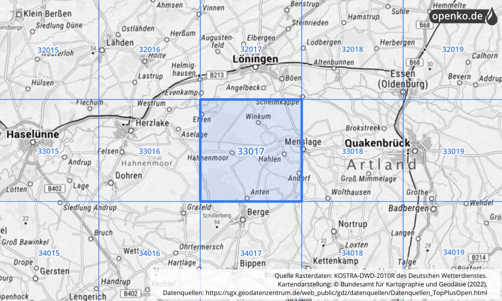 Übersichtskarte KOSTRA-DWD-2010R Rasterfeld Nr. 33017 mit angrenzenden Feldern