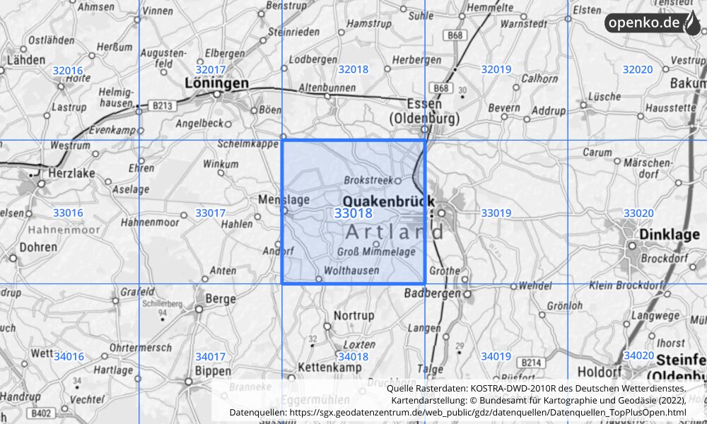 Übersichtskarte KOSTRA-DWD-2010R Rasterfeld Nr. 33018 mit angrenzenden Feldern