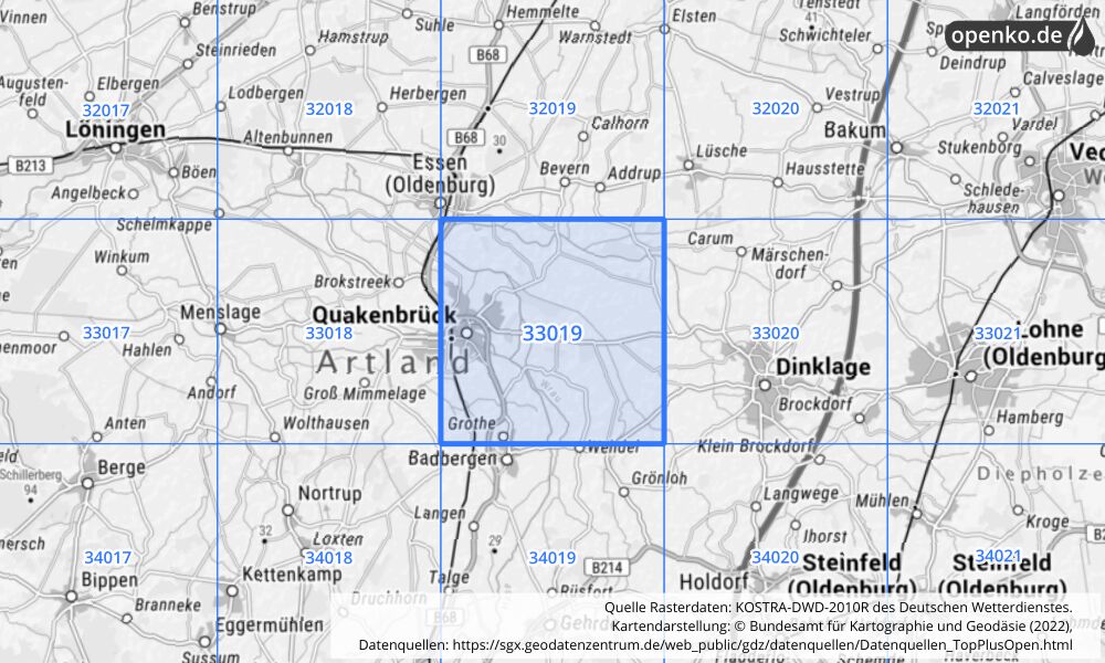 Übersichtskarte KOSTRA-DWD-2010R Rasterfeld Nr. 33019 mit angrenzenden Feldern