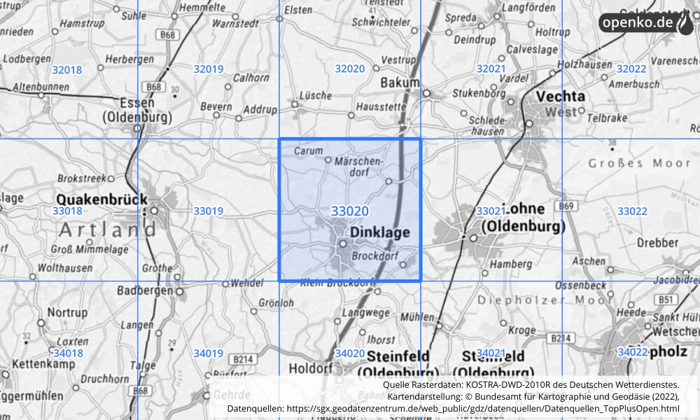 Übersichtskarte KOSTRA-DWD-2010R Rasterfeld Nr. 33020 mit angrenzenden Feldern