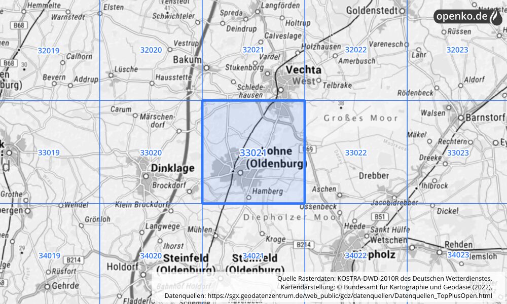 Übersichtskarte KOSTRA-DWD-2010R Rasterfeld Nr. 33021 mit angrenzenden Feldern