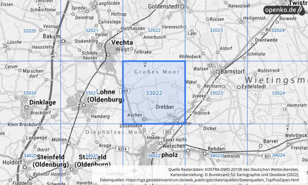 Übersichtskarte KOSTRA-DWD-2010R Rasterfeld Nr. 33022 mit angrenzenden Feldern