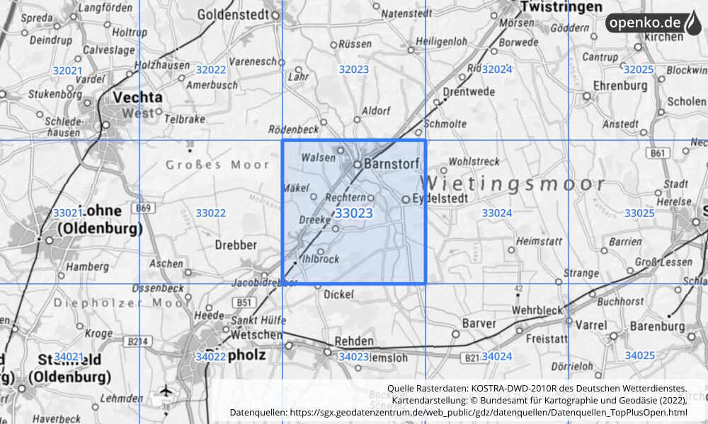 Übersichtskarte KOSTRA-DWD-2010R Rasterfeld Nr. 33023 mit angrenzenden Feldern