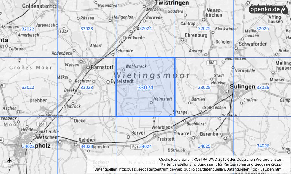 Übersichtskarte KOSTRA-DWD-2010R Rasterfeld Nr. 33024 mit angrenzenden Feldern