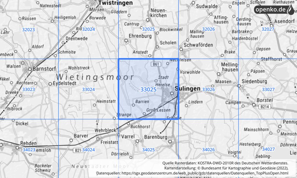 Übersichtskarte KOSTRA-DWD-2010R Rasterfeld Nr. 33025 mit angrenzenden Feldern