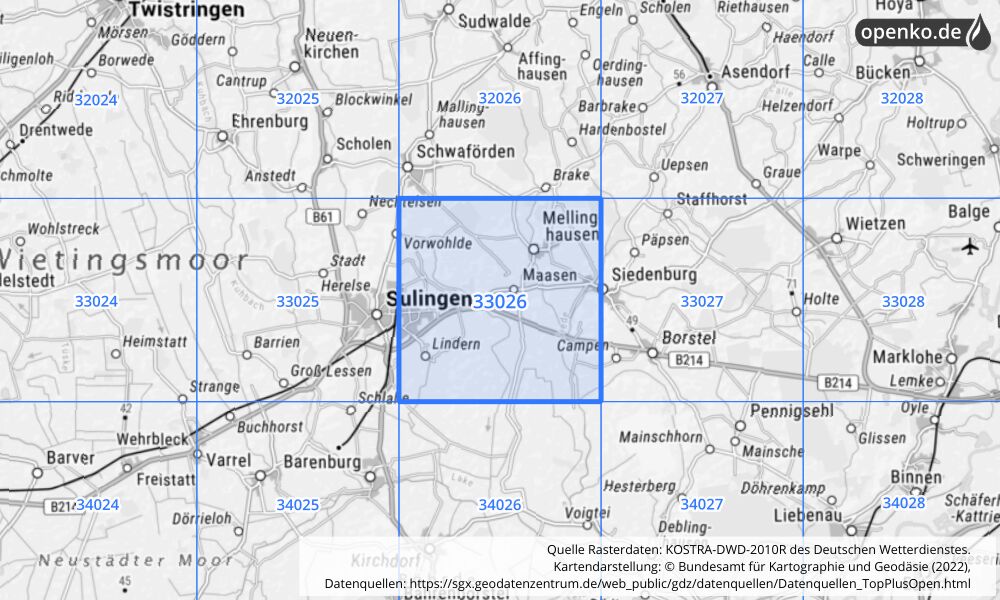 Übersichtskarte KOSTRA-DWD-2010R Rasterfeld Nr. 33026 mit angrenzenden Feldern