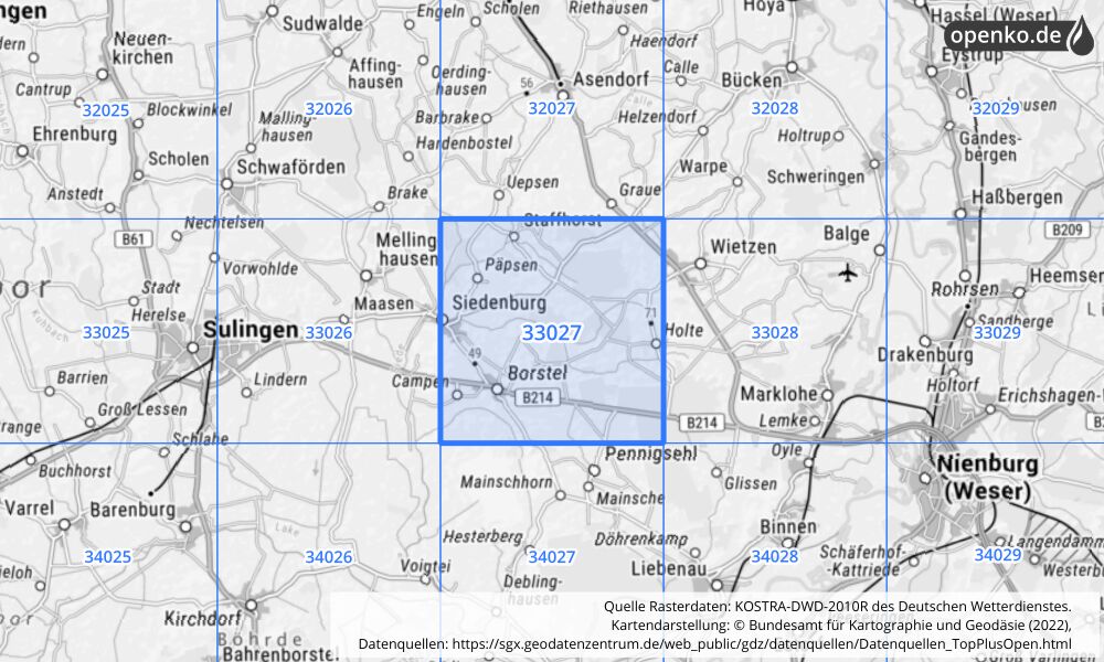 Übersichtskarte KOSTRA-DWD-2010R Rasterfeld Nr. 33027 mit angrenzenden Feldern