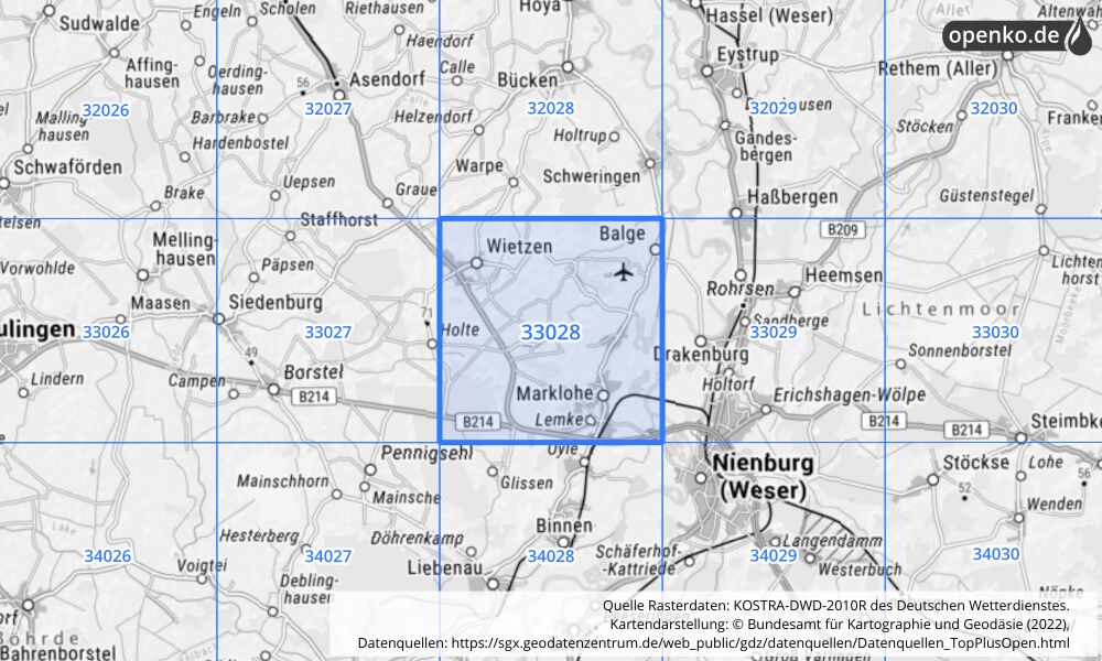 Übersichtskarte KOSTRA-DWD-2010R Rasterfeld Nr. 33028 mit angrenzenden Feldern