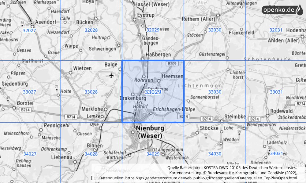 Übersichtskarte KOSTRA-DWD-2010R Rasterfeld Nr. 33029 mit angrenzenden Feldern