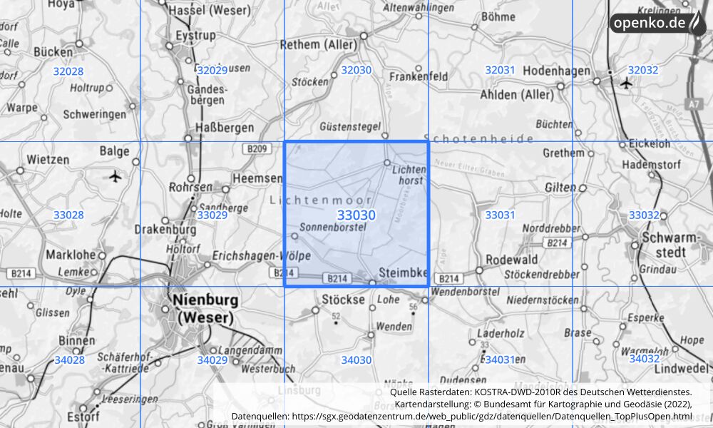 Übersichtskarte KOSTRA-DWD-2010R Rasterfeld Nr. 33030 mit angrenzenden Feldern