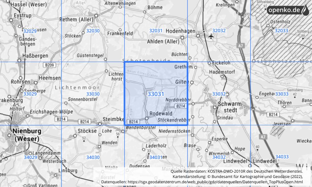 Übersichtskarte KOSTRA-DWD-2010R Rasterfeld Nr. 33031 mit angrenzenden Feldern