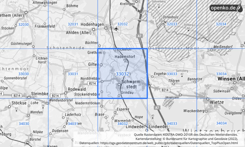 Übersichtskarte KOSTRA-DWD-2010R Rasterfeld Nr. 33032 mit angrenzenden Feldern