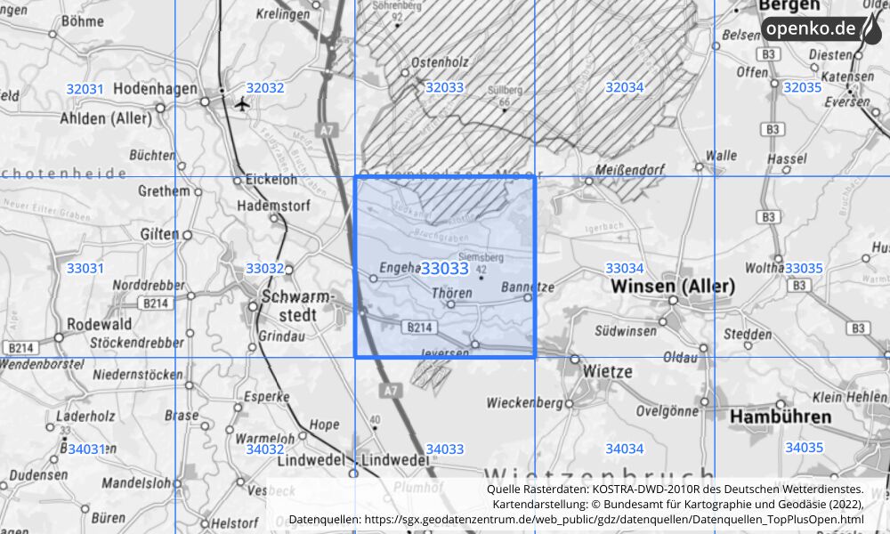 Übersichtskarte KOSTRA-DWD-2010R Rasterfeld Nr. 33033 mit angrenzenden Feldern