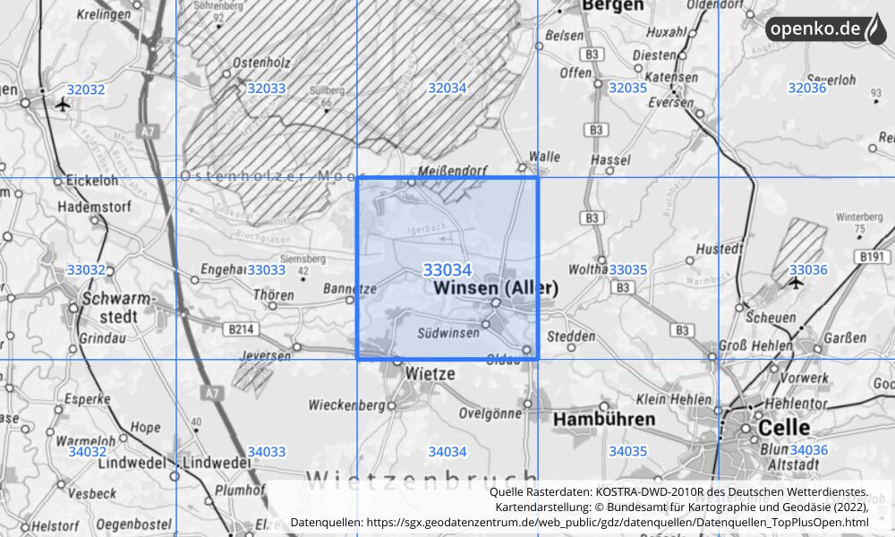 Übersichtskarte KOSTRA-DWD-2010R Rasterfeld Nr. 33034 mit angrenzenden Feldern