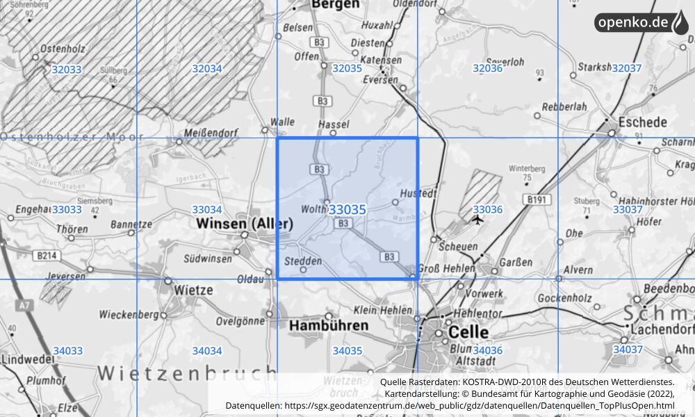 Übersichtskarte KOSTRA-DWD-2010R Rasterfeld Nr. 33035 mit angrenzenden Feldern