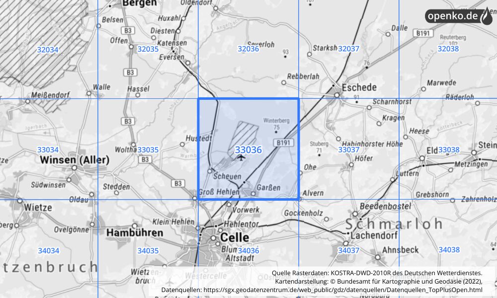 Übersichtskarte KOSTRA-DWD-2010R Rasterfeld Nr. 33036 mit angrenzenden Feldern