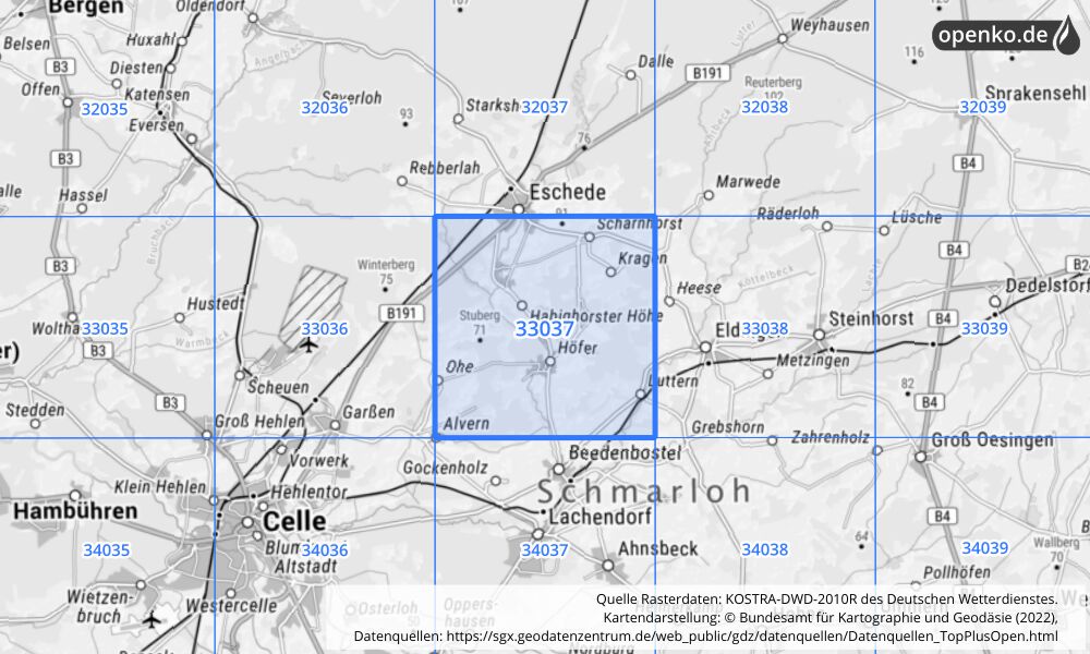 Übersichtskarte KOSTRA-DWD-2010R Rasterfeld Nr. 33037 mit angrenzenden Feldern