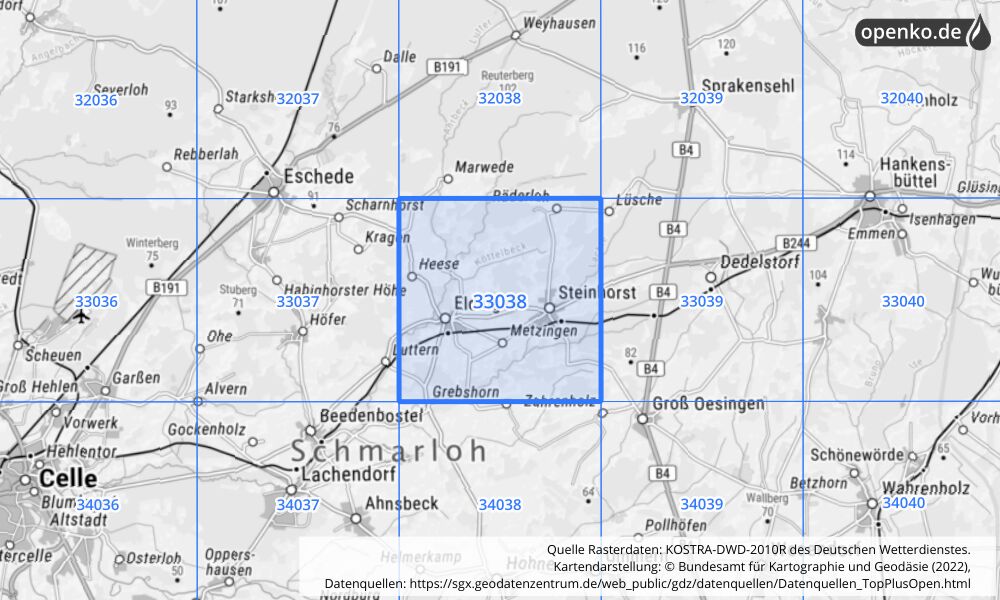 Übersichtskarte KOSTRA-DWD-2010R Rasterfeld Nr. 33038 mit angrenzenden Feldern