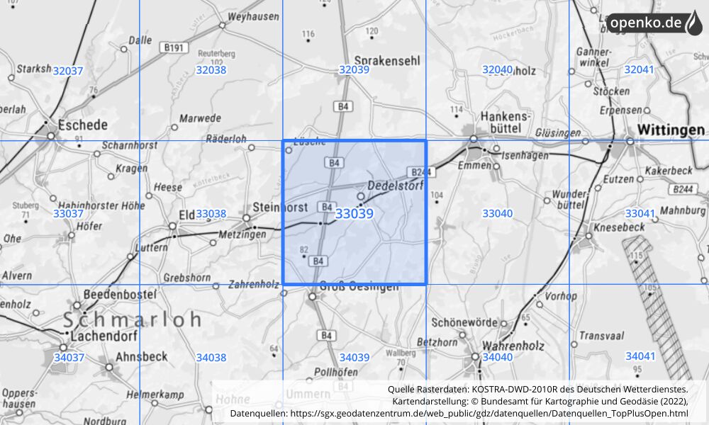 Übersichtskarte KOSTRA-DWD-2010R Rasterfeld Nr. 33039 mit angrenzenden Feldern