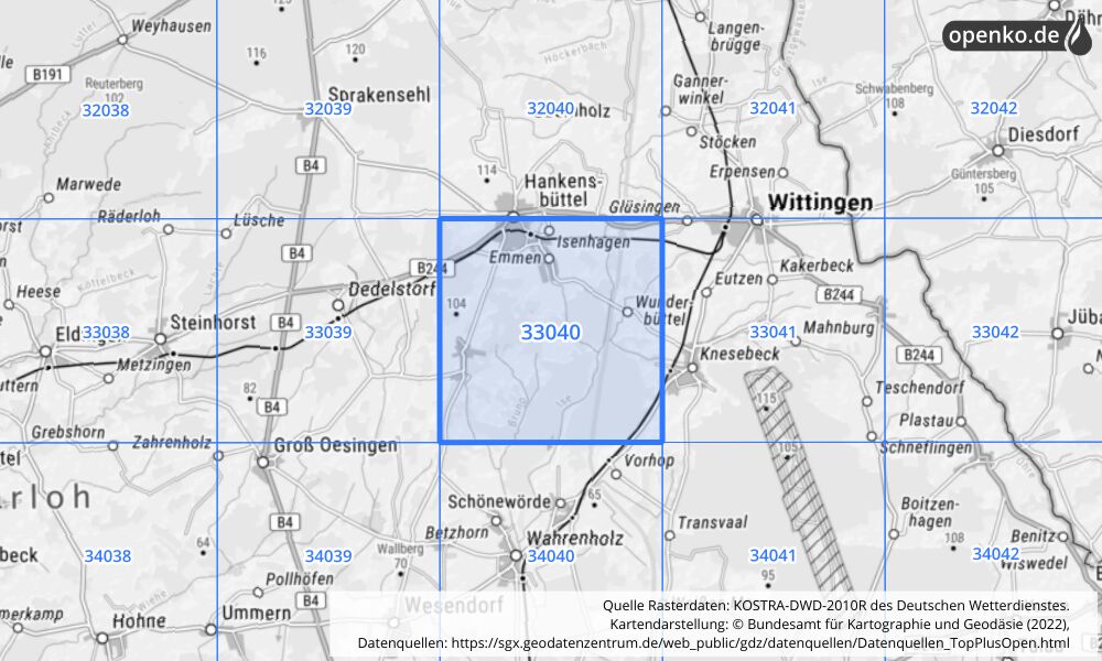 Übersichtskarte KOSTRA-DWD-2010R Rasterfeld Nr. 33040 mit angrenzenden Feldern