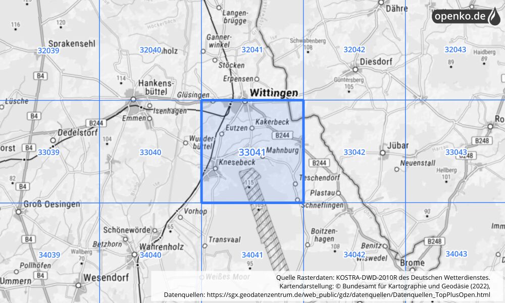 Übersichtskarte KOSTRA-DWD-2010R Rasterfeld Nr. 33041 mit angrenzenden Feldern