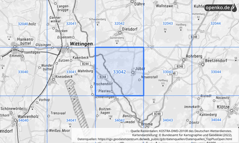 Übersichtskarte KOSTRA-DWD-2010R Rasterfeld Nr. 33042 mit angrenzenden Feldern