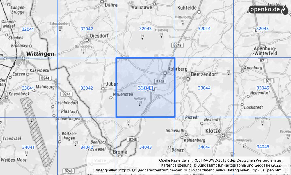 Übersichtskarte KOSTRA-DWD-2010R Rasterfeld Nr. 33043 mit angrenzenden Feldern