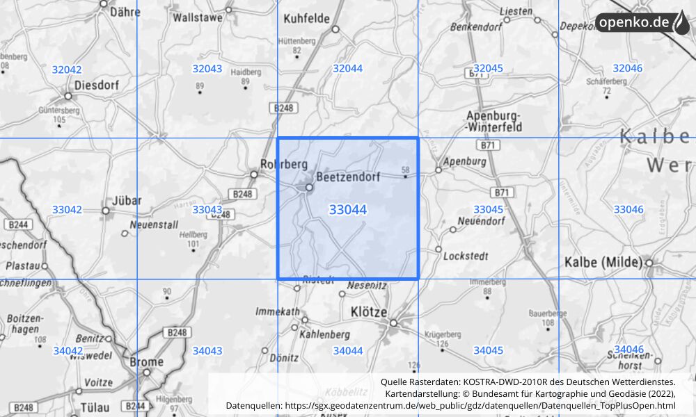 Übersichtskarte KOSTRA-DWD-2010R Rasterfeld Nr. 33044 mit angrenzenden Feldern