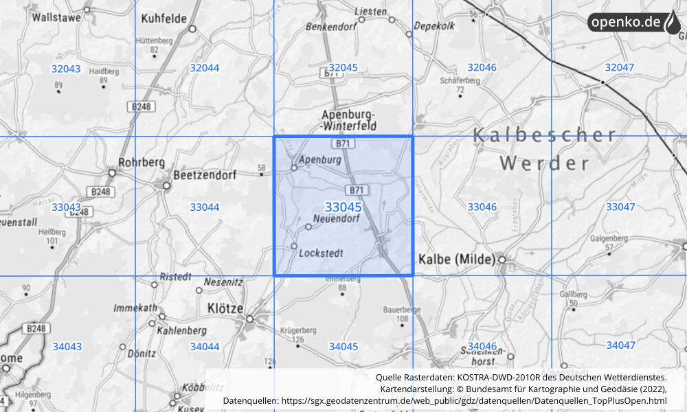 Übersichtskarte KOSTRA-DWD-2010R Rasterfeld Nr. 33045 mit angrenzenden Feldern