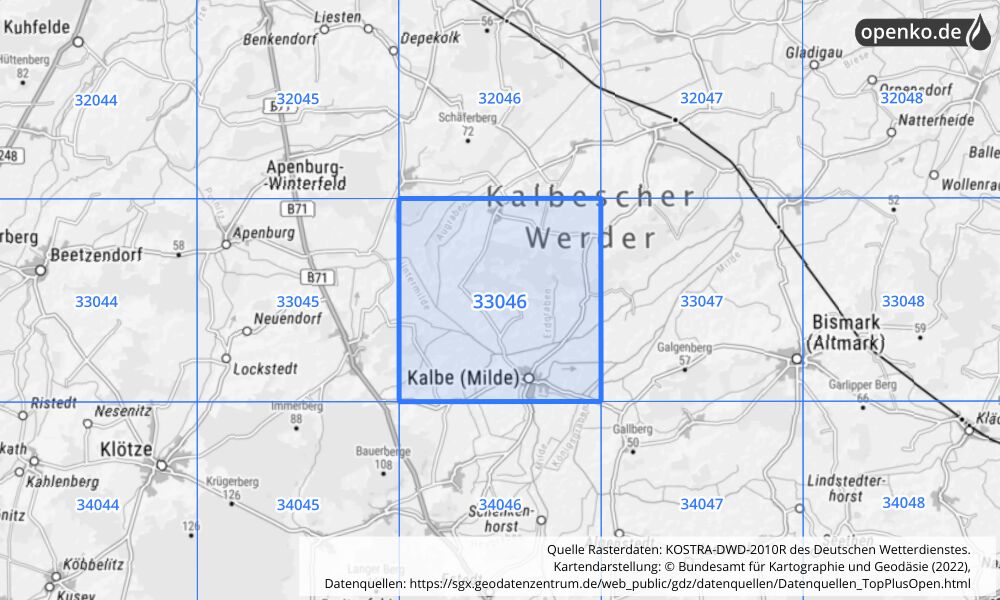 Übersichtskarte KOSTRA-DWD-2010R Rasterfeld Nr. 33046 mit angrenzenden Feldern