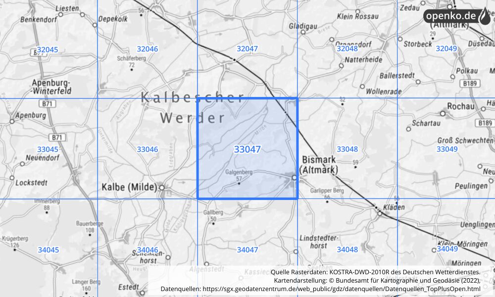 Übersichtskarte KOSTRA-DWD-2010R Rasterfeld Nr. 33047 mit angrenzenden Feldern