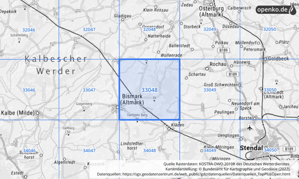 Übersichtskarte KOSTRA-DWD-2010R Rasterfeld Nr. 33048 mit angrenzenden Feldern