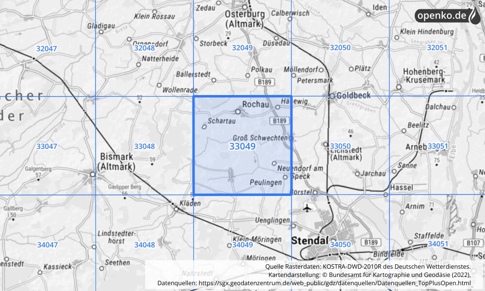 Übersichtskarte KOSTRA-DWD-2010R Rasterfeld Nr. 33049 mit angrenzenden Feldern