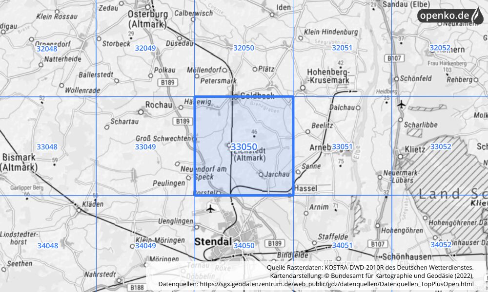 Übersichtskarte KOSTRA-DWD-2010R Rasterfeld Nr. 33050 mit angrenzenden Feldern
