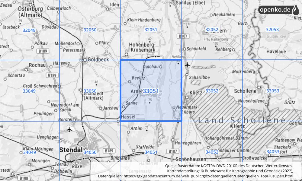 Übersichtskarte KOSTRA-DWD-2010R Rasterfeld Nr. 33051 mit angrenzenden Feldern