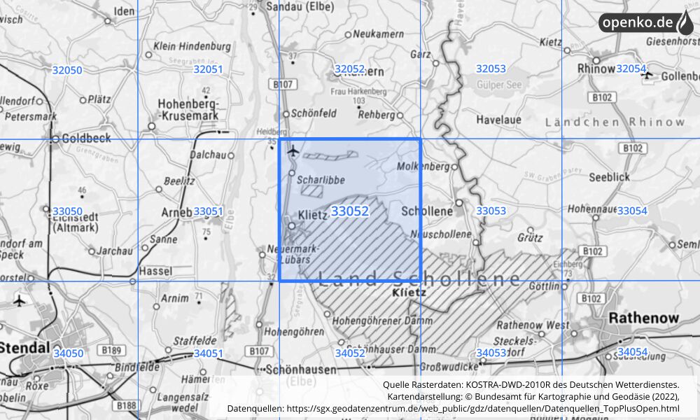 Übersichtskarte KOSTRA-DWD-2010R Rasterfeld Nr. 33052 mit angrenzenden Feldern