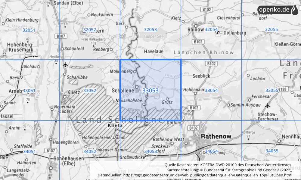 Übersichtskarte KOSTRA-DWD-2010R Rasterfeld Nr. 33053 mit angrenzenden Feldern