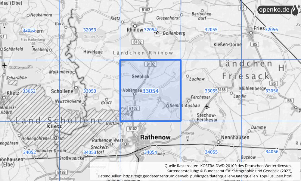 Übersichtskarte KOSTRA-DWD-2010R Rasterfeld Nr. 33054 mit angrenzenden Feldern