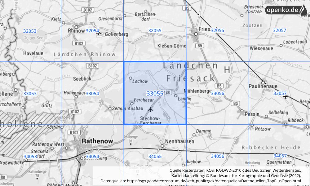 Übersichtskarte KOSTRA-DWD-2010R Rasterfeld Nr. 33055 mit angrenzenden Feldern