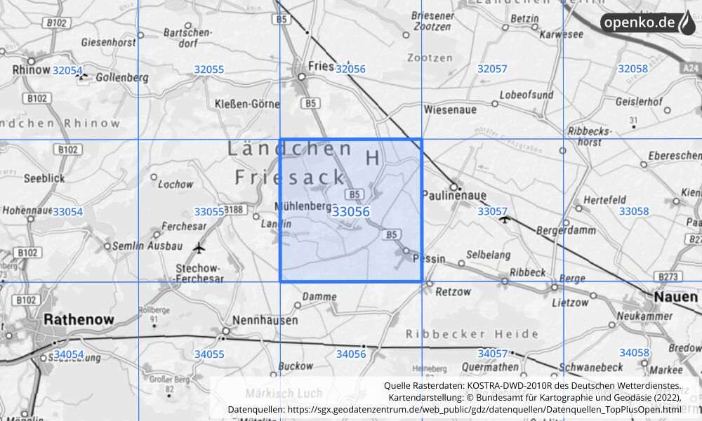 Übersichtskarte KOSTRA-DWD-2010R Rasterfeld Nr. 33056 mit angrenzenden Feldern