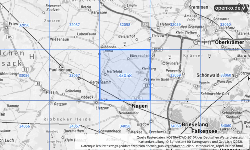 Übersichtskarte KOSTRA-DWD-2010R Rasterfeld Nr. 33058 mit angrenzenden Feldern