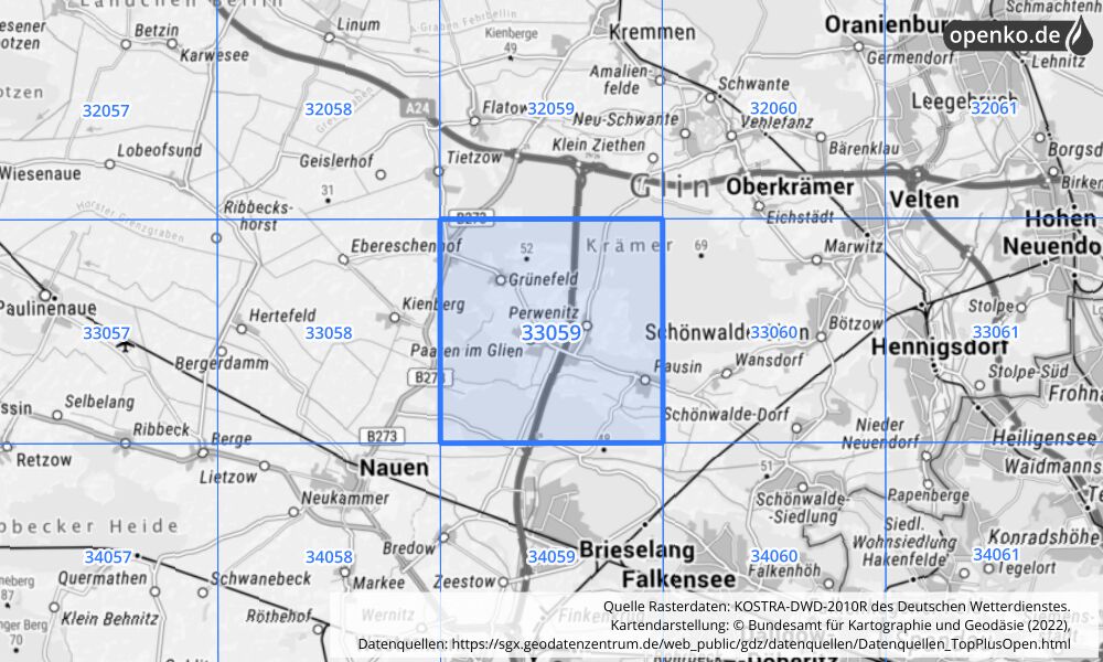 Übersichtskarte KOSTRA-DWD-2010R Rasterfeld Nr. 33059 mit angrenzenden Feldern