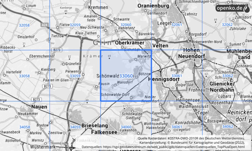 Übersichtskarte KOSTRA-DWD-2010R Rasterfeld Nr. 33060 mit angrenzenden Feldern