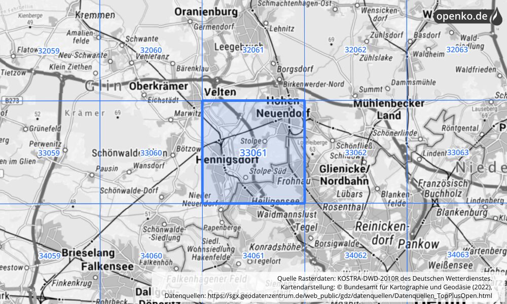 Übersichtskarte KOSTRA-DWD-2010R Rasterfeld Nr. 33061 mit angrenzenden Feldern