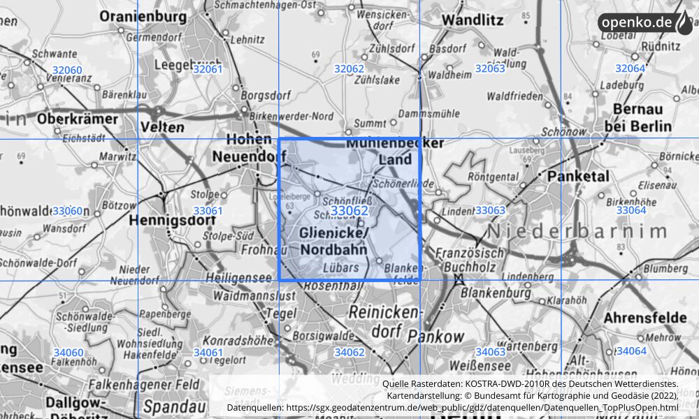 Übersichtskarte KOSTRA-DWD-2010R Rasterfeld Nr. 33062 mit angrenzenden Feldern