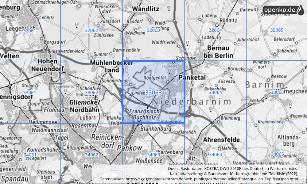 Übersichtskarte KOSTRA-DWD-2010R Rasterfeld Nr. 33063 mit angrenzenden Feldern