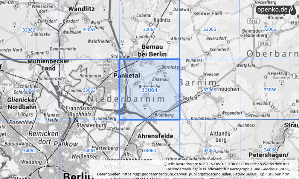 Übersichtskarte KOSTRA-DWD-2010R Rasterfeld Nr. 33064 mit angrenzenden Feldern