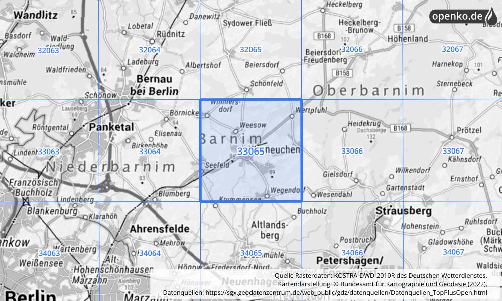 Übersichtskarte KOSTRA-DWD-2010R Rasterfeld Nr. 33065 mit angrenzenden Feldern